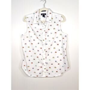 Lands' End Supima Cotton Sleeveless Button Up Blouse Camper Print 12